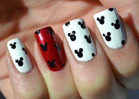 White Nails With Black Mickey Mouse Head Nail Art Design