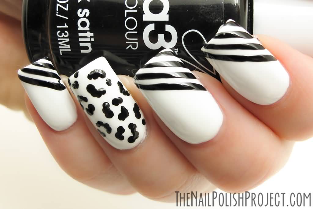 White Nails With Black Stripes And Dots Design Nail Art Idea