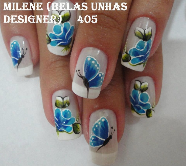 White Nails With Blue Butterflies Nail Design Idea