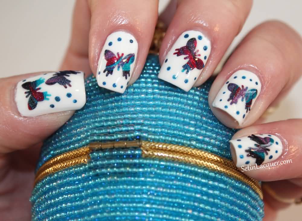 White Nails With Holographic Butterflies Nail Art