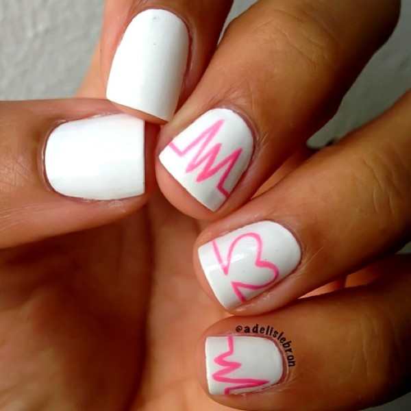 White Nails With Pink Heart Beat Nail Art