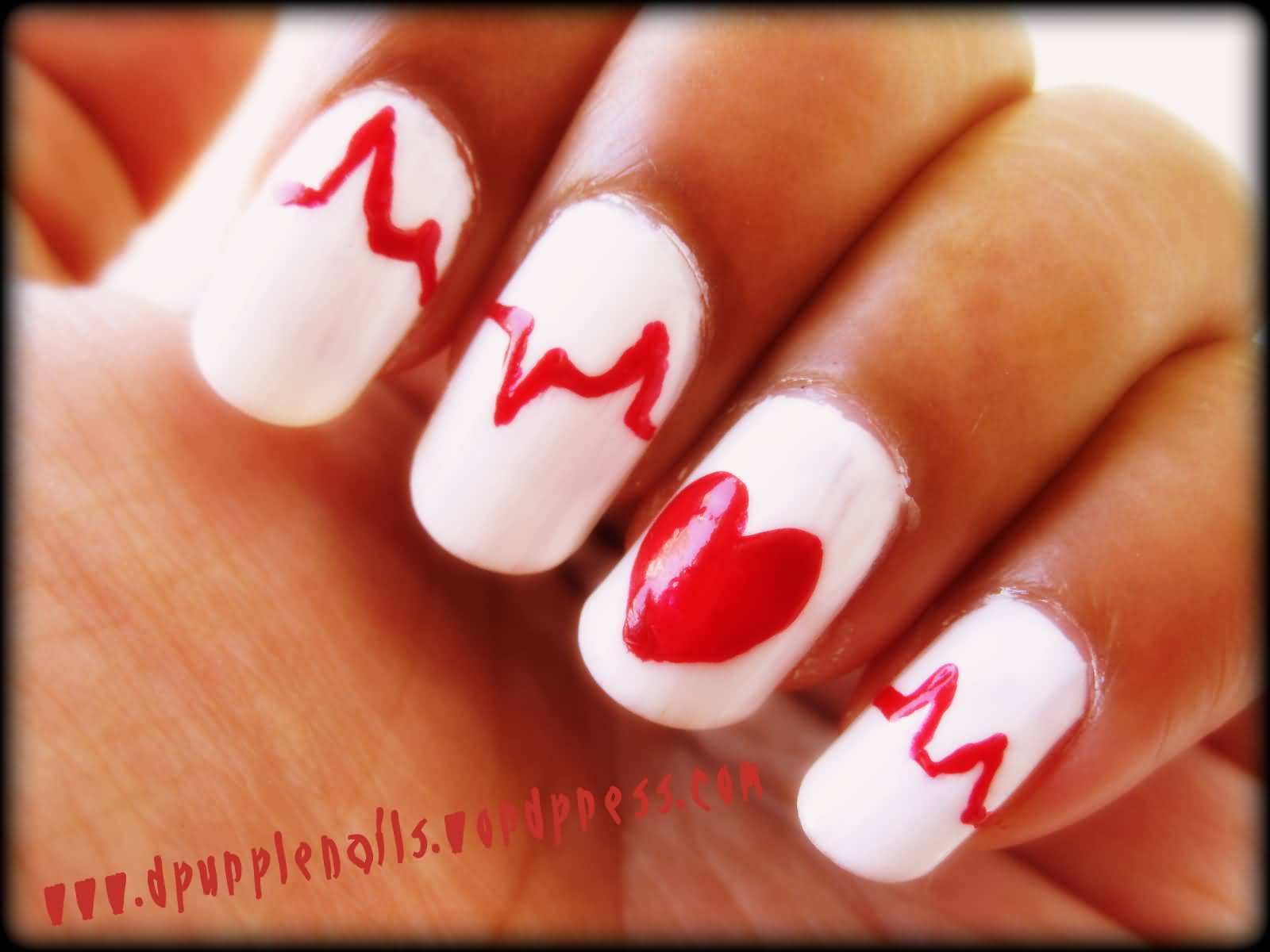 White Nails With Red Heart And Beat Design Nail Art Idea