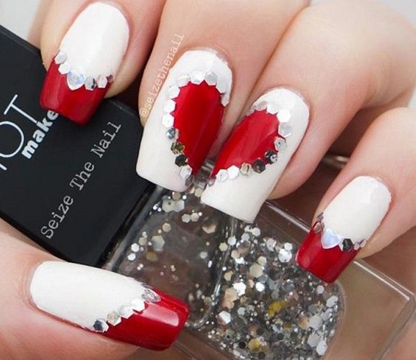 White Nails With Red Heart Nail Art Design Idea