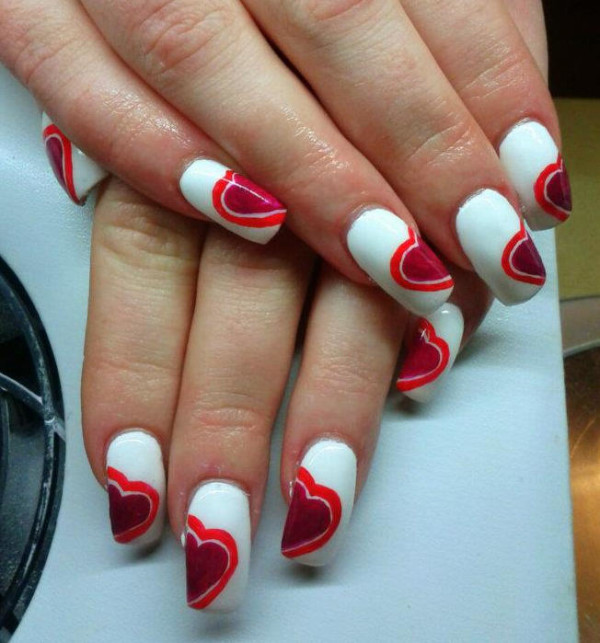 White Nails With Red Heart Nail Art