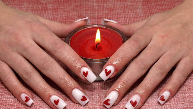 White Nails With Red Hearts Nail Art Design Idea