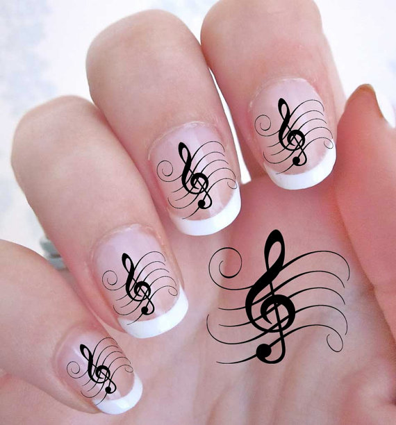 White Tip And Black Music Notes Nail Art
