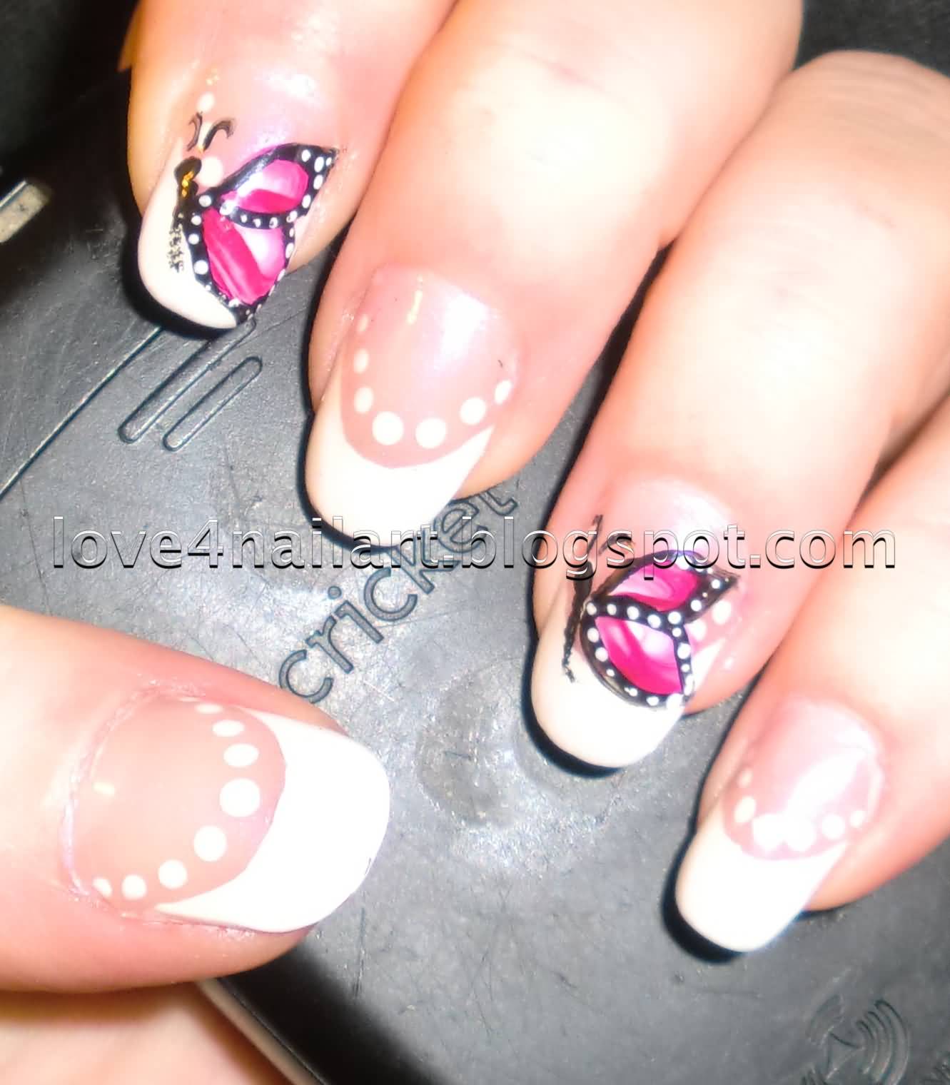 White Tip And Polka Dots Nails With Pink Butterflies Nail Art