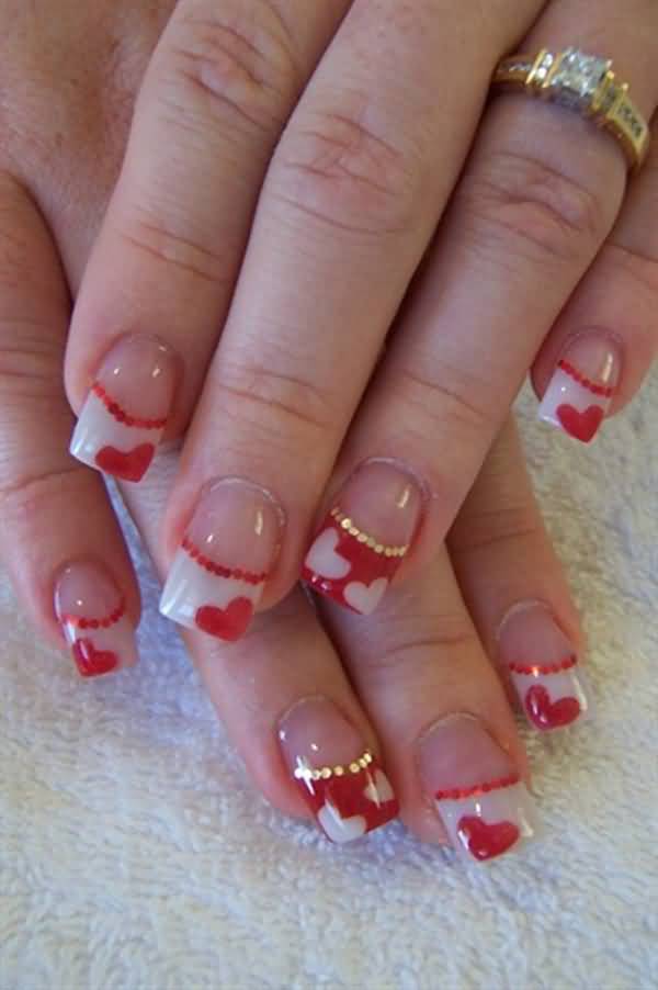 White Tip And Red Hearts Nail Art