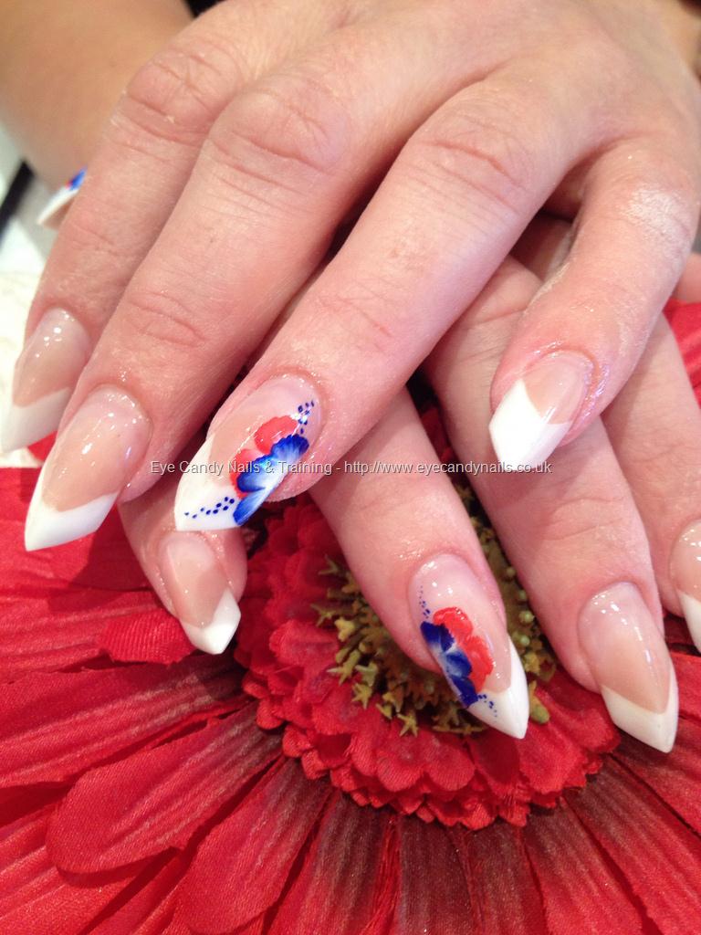 White Tip Edge Nail Art With Red And Blue Flowers Design Idea