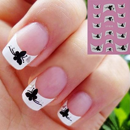 White Tip Nails With Black Butterflies Nail Art Design Idea