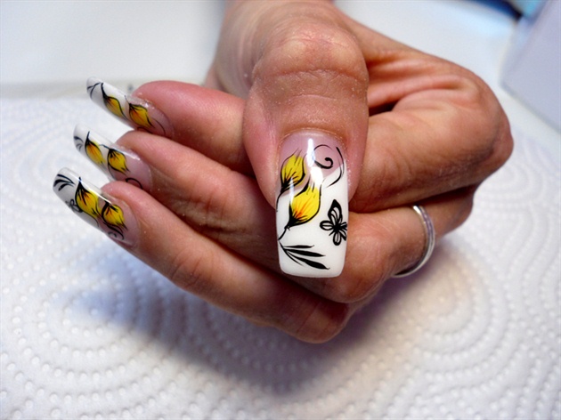 White Tip Nails With Black Butterfly Nail Design Idea