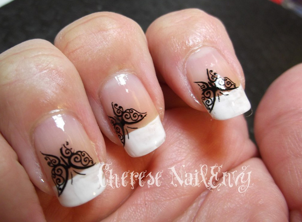 White Tip Nails With Black Lace Butterflies Nail Art