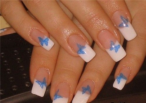 White Tip Nails With Blue Butterflies Nail Art