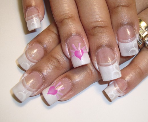 White Tip Nails With Pink Heart Nail Art