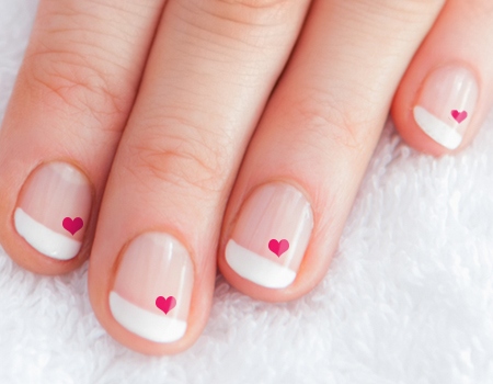 White Tip Nails With Pink Tiny Hearts Nail Art