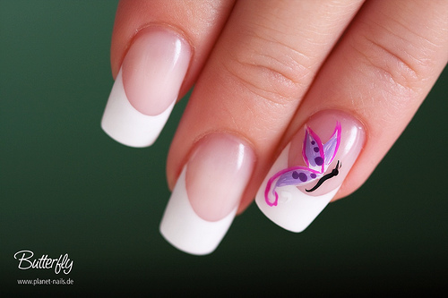 White Tip Nails With Purple Butterfly Nail Art