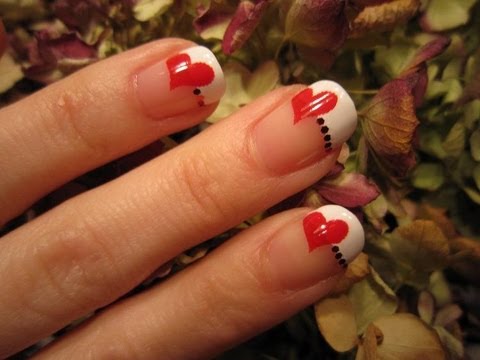 White Tip Nails With Red Heart Nail Art