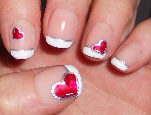 White Tip Nails With Silver And Red Hearts Nail Art