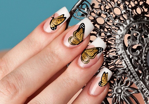White Tip Nails With Yellow Butterflies Nail Art