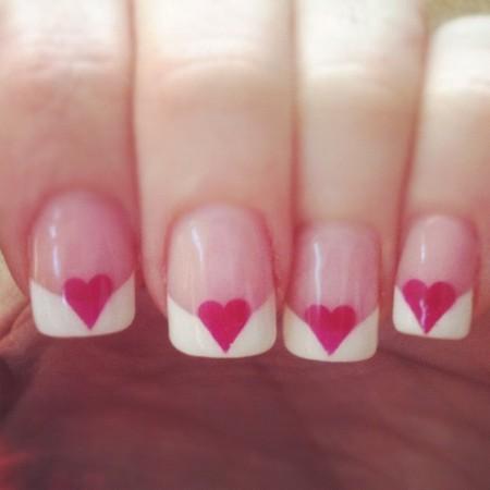 White Tip With Pink Hearts Nail Art