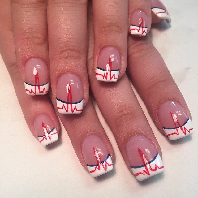 White Tip With Red Heartbeat Nail Art