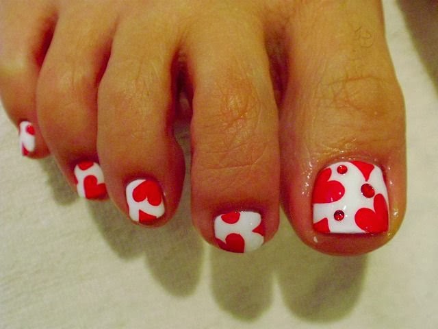 White Toe Nails With Pink Hearts Nail Art Design