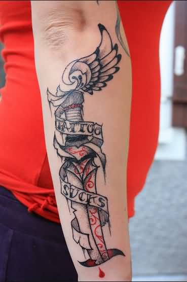 Winged Dagger With Lettering Banner Tattoo On Arm Sleeve