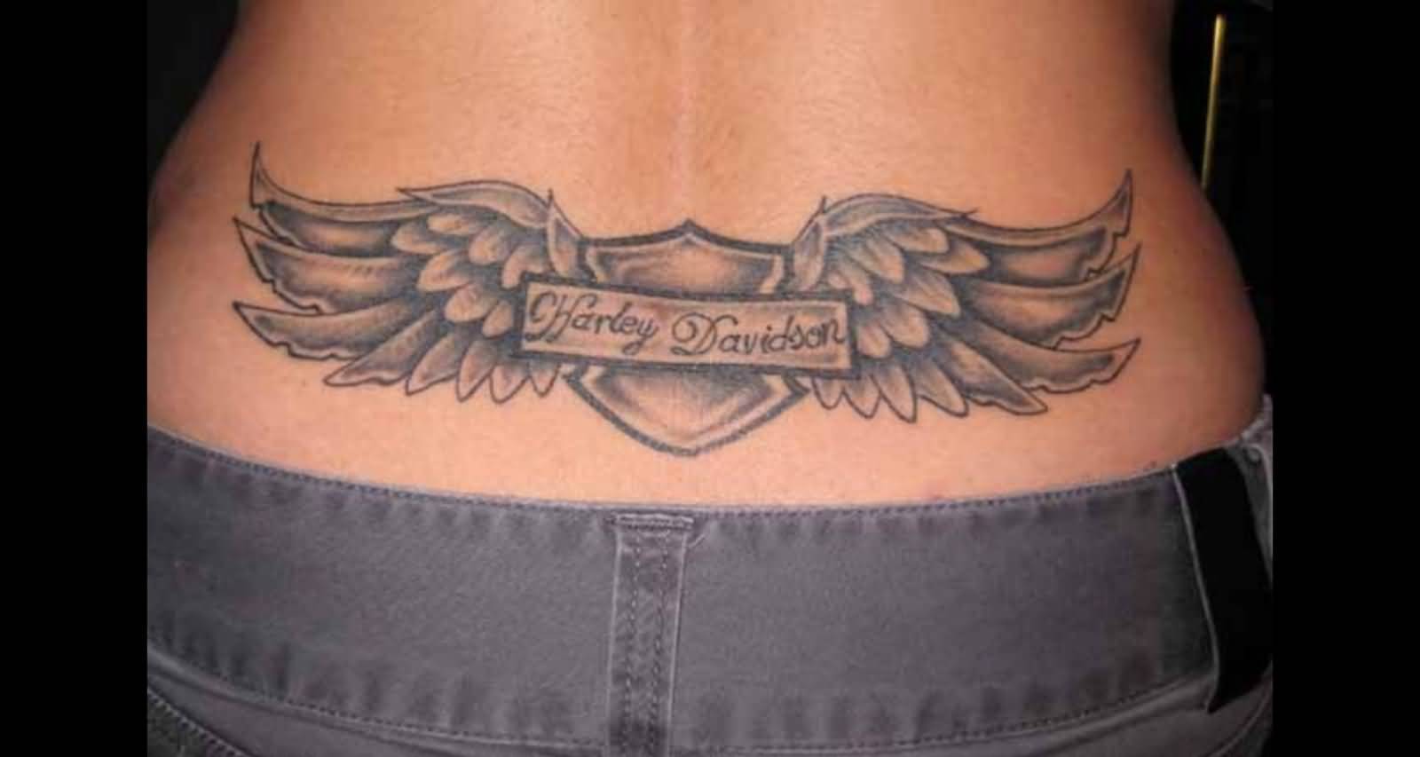 Winged Harley Davidson Logo Tattoo On Lower Back