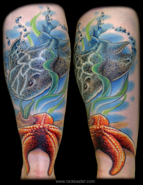 Wonderful Angel Shark And Starfish In Sea Colorful Tattoo
