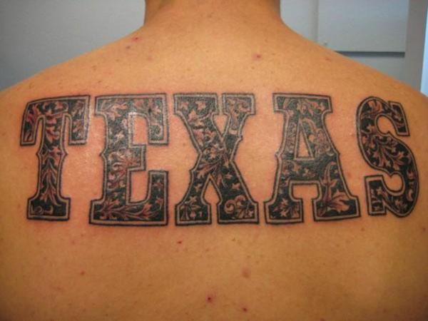 Wonderful Big Texas Word Tattoo On Upper Back