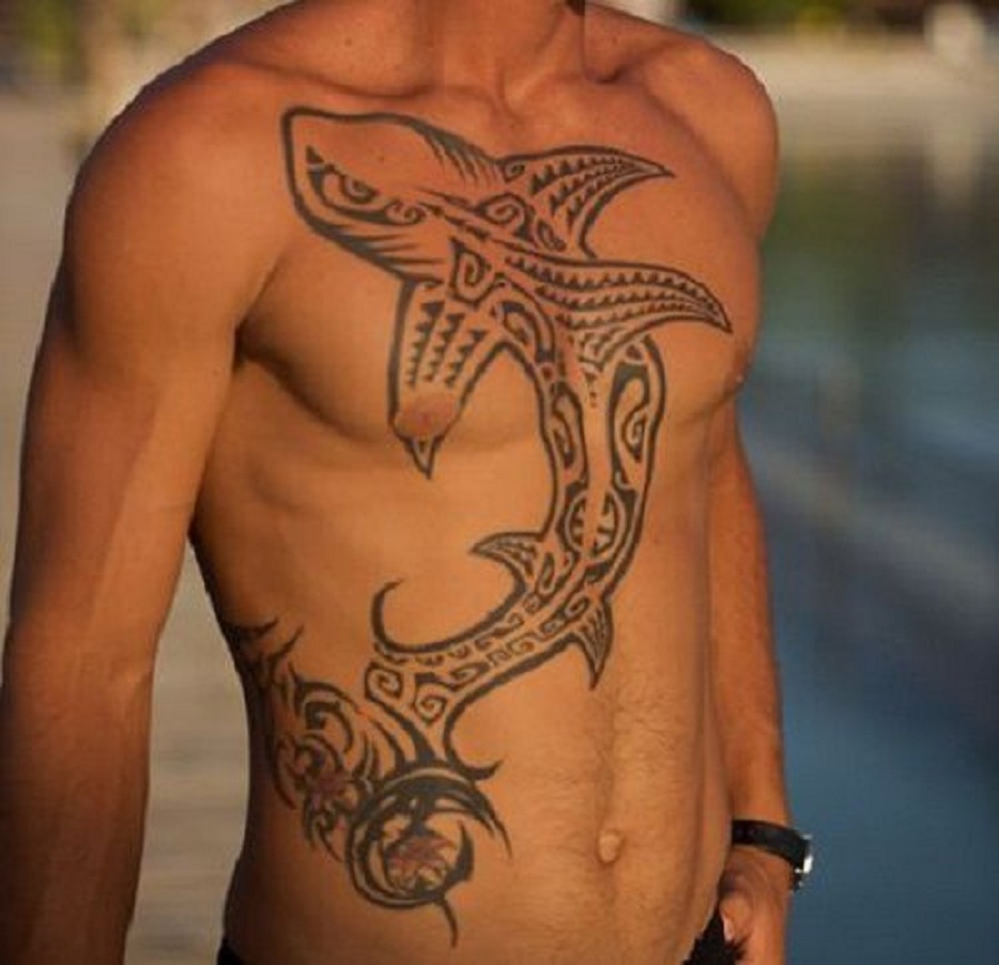 Wonderful Big Tribal Shark Tattoo On Chest And Stomach