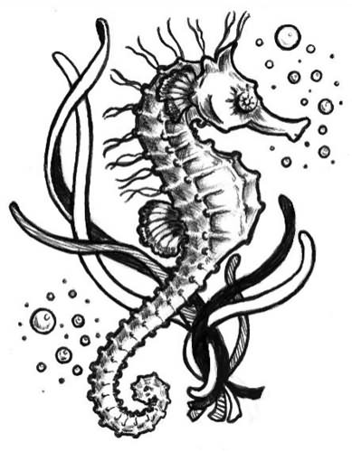 Wonderful Black And White Seahorse And Bubbles Tattoo Design