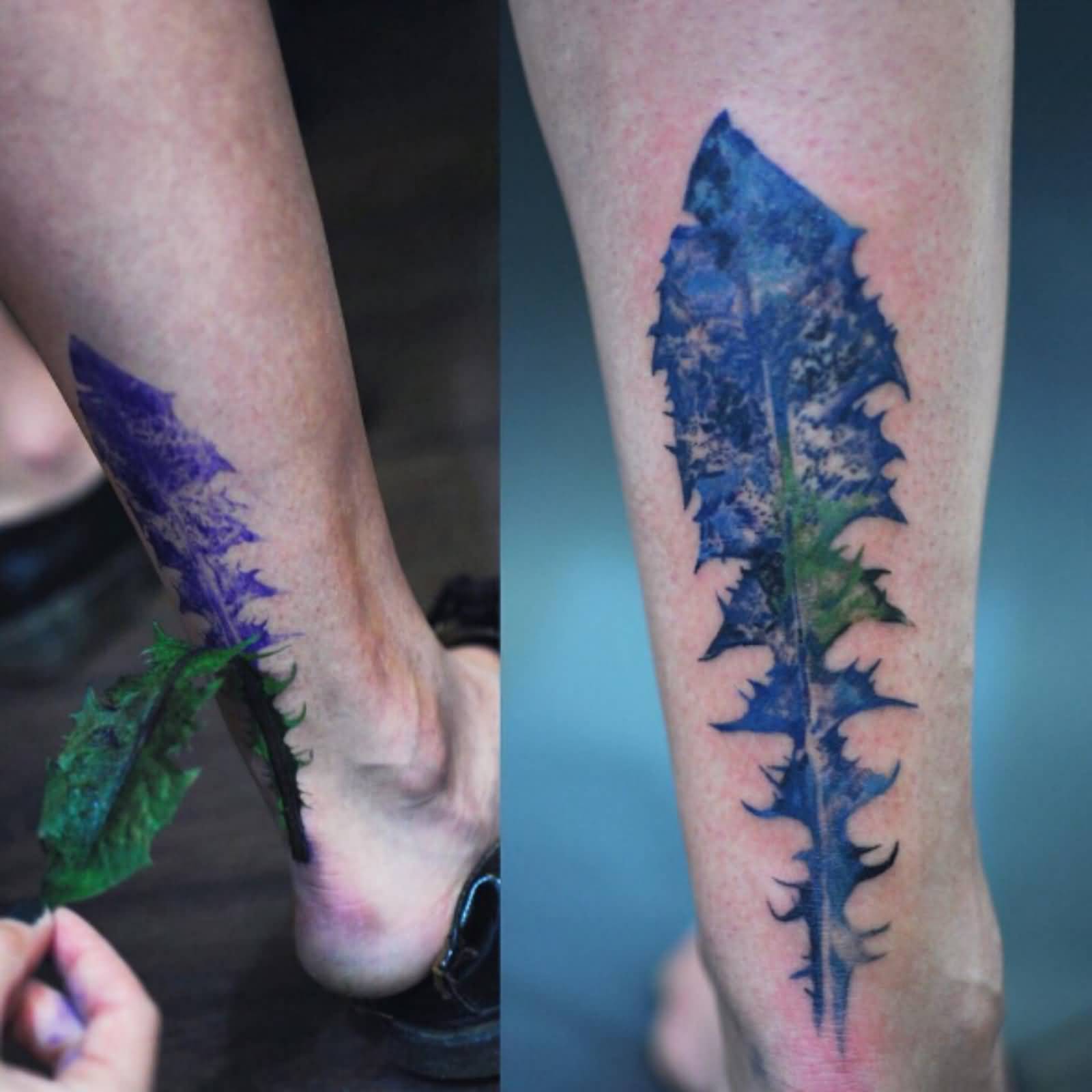 Wonderful Blue And Green Plant Tattoo On Back Leg