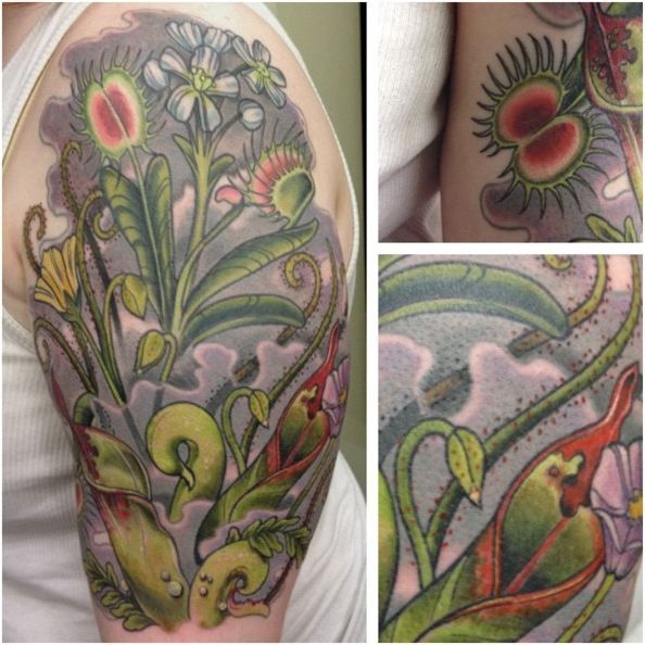 Wonderful Carnivorous Plant Tattoo On Left Half Sleeve