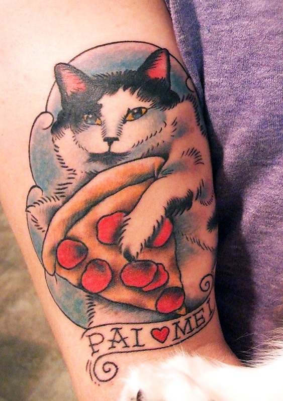 Wonderful Colored Cat With Pizza Slice Tattoo