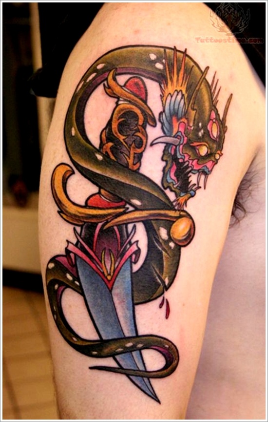 Wonderful Dragon And Knife Tattoo On Right Half Sleeve