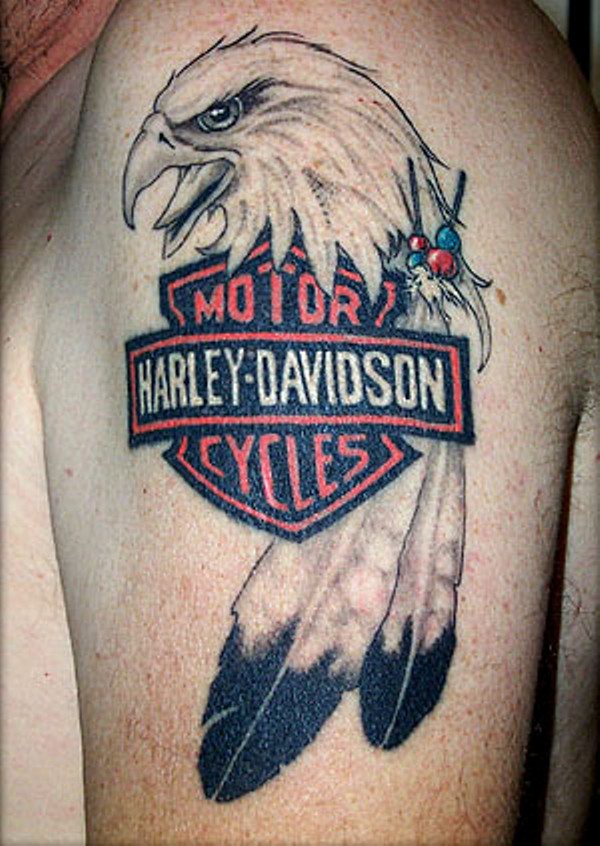 Wonderful Eagle With Harley Bike Logo Tattoo
