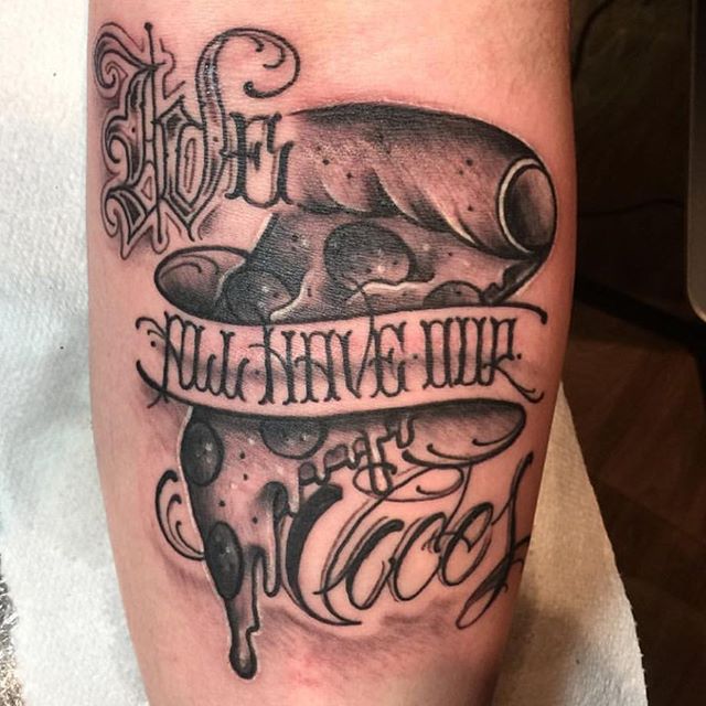 Wonderful Grey Pizza Slice With Banner Tattoo