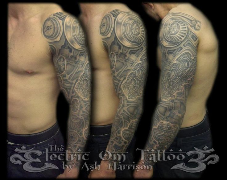 Wonderful Grey Turbo Charger Tattoo On Left Full Sleeve