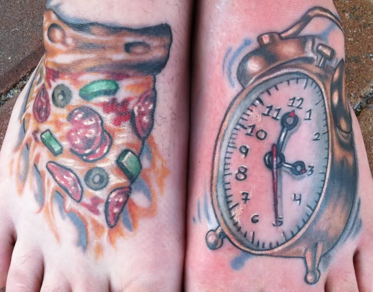 Wonderful Pizza And Alarm Clock Tattoos On Foots