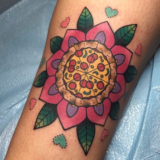 Wonderful Pizza And Mandala Flower Tattoo