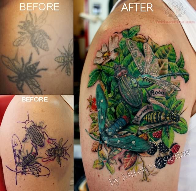 Wonderful Plant And Insects Tattoo On Right Shoulder