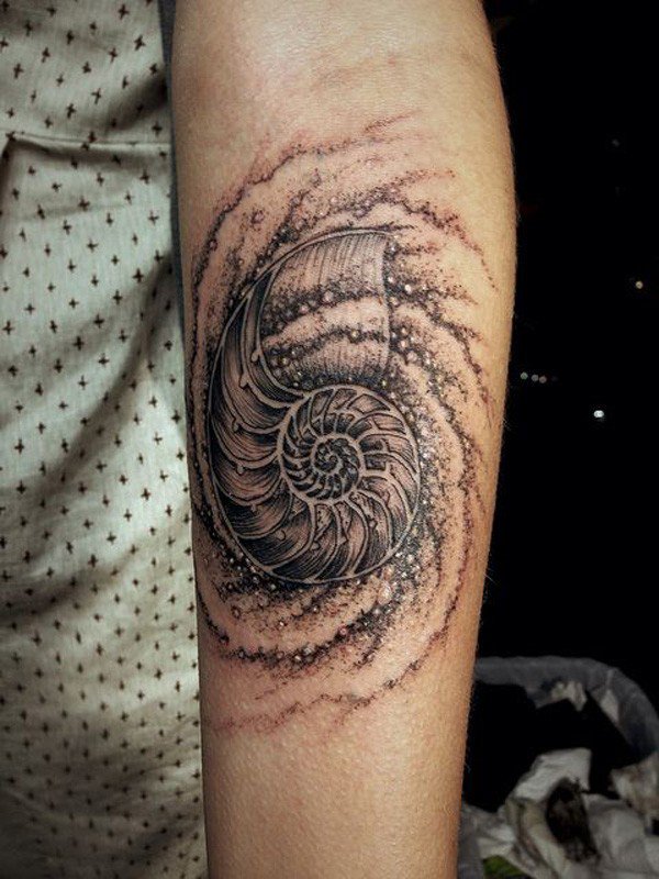 Wonderful Sea Creature Seashell Dotwork Tattoo On Forearm