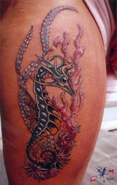 Wonderful Seahorse Tattoo On Thigh