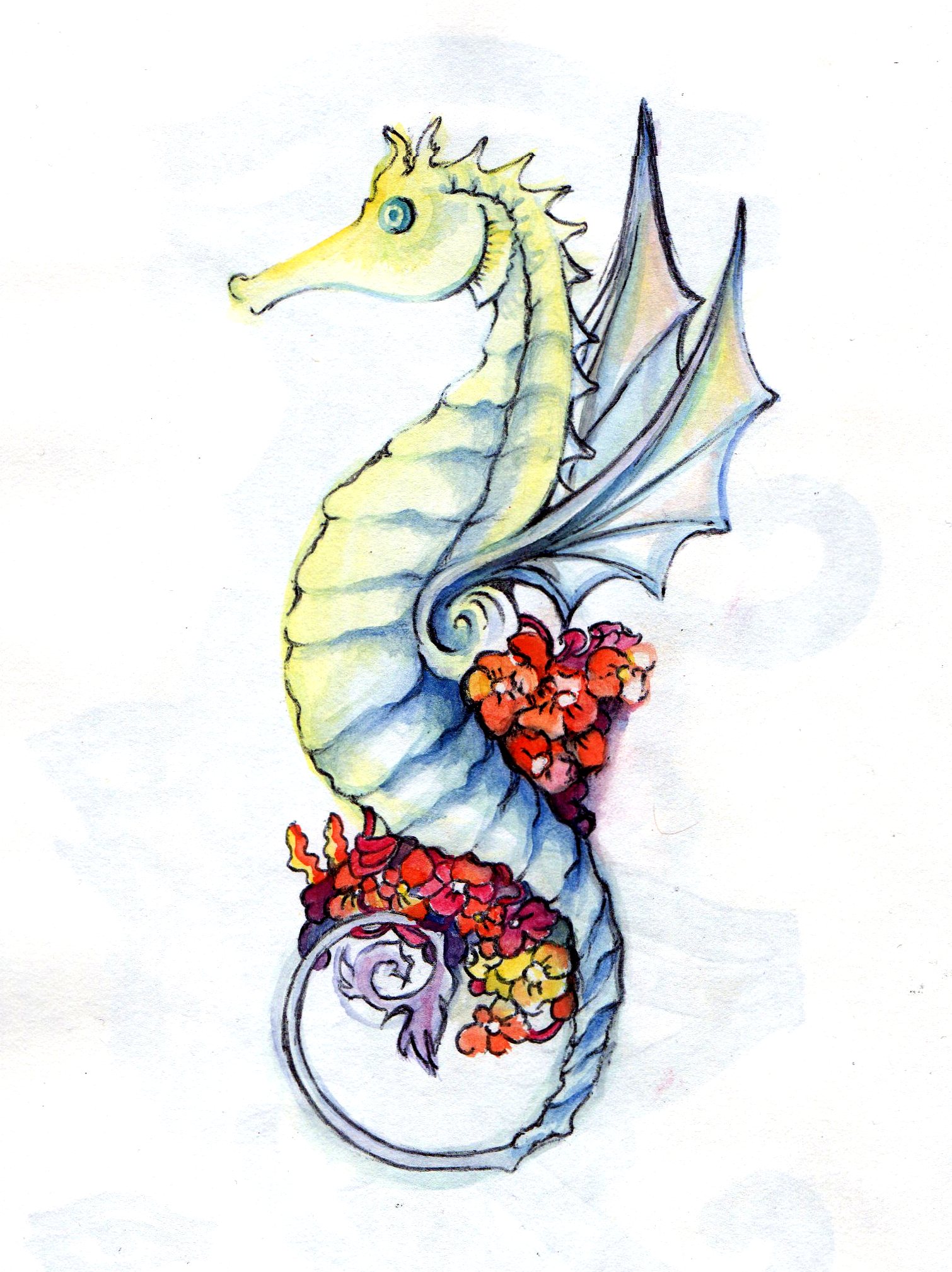 Wonderful Seahorse With Flowers Tattoo Design