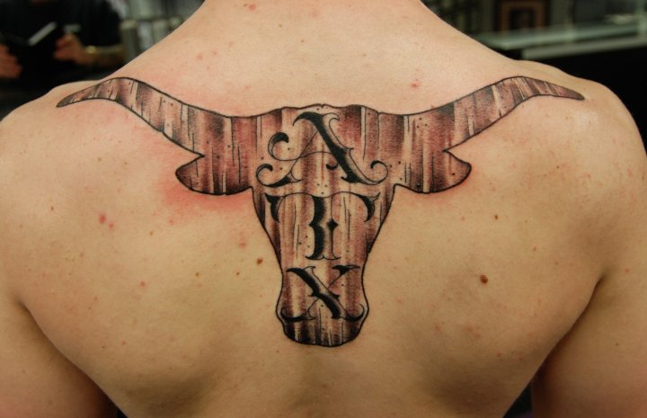 Wonderful Texas Longhorn Face Tattoo On Upper Back