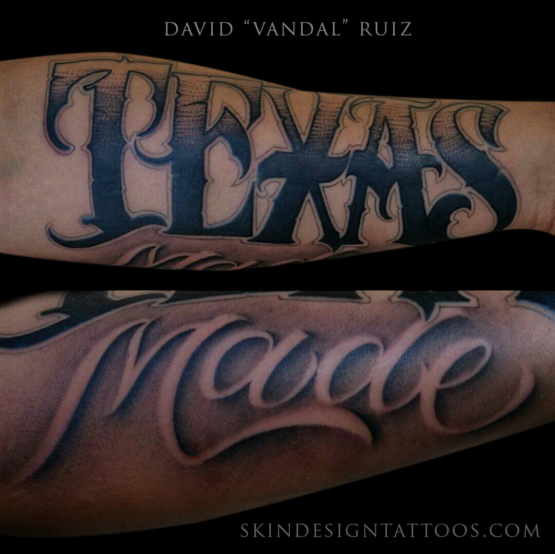 Wonderful Texas Made Words Tattoo On Arm.