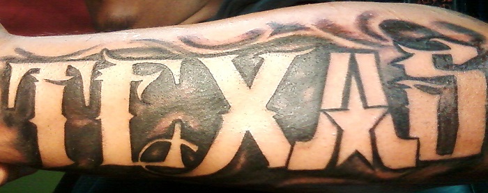 Wonderful Texas Word Tattoo On Arm Sleeve