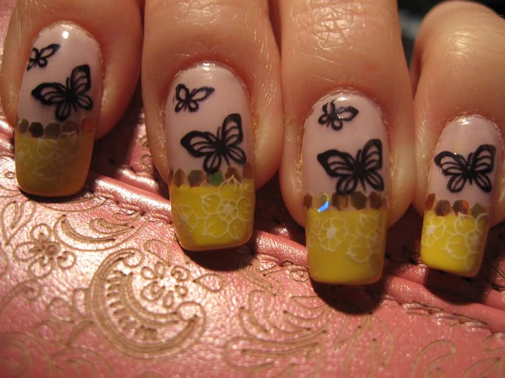 Yellow French Tip With Black Butterflies Nail Art Design Idea