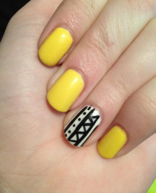 Yellow Nails With Accent Black And White Nail Art Design